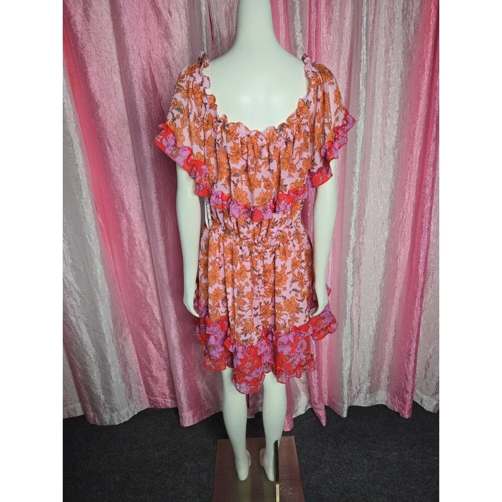 Jessica Simpson Boho Pink Orange Off Shoulder Amelia Ruffles Dress Size 1X